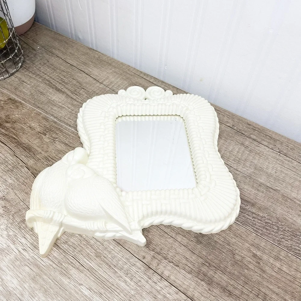 Vintage Cream Lovebirds Wall Mirror Faux Wicker Tropical Coastal Decor White